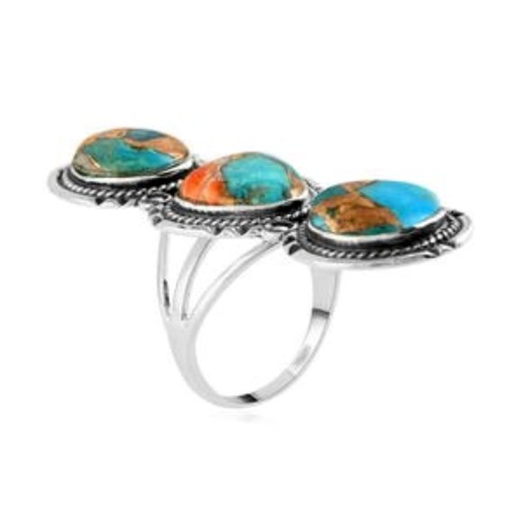 Huge Spiny Turquoise Bold 3 Stone Ring in Sterling Silver 9 Grams 2.50 ctw NWT - Picture 7 of 8